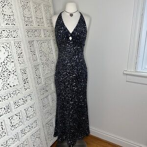 Vintage Rene Derby Silk Black & Silver Sequin Beaded Keyhole Formal Event Dress